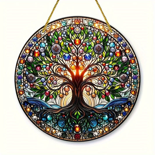 Tree of Life Colorful Glass Wall Art - 8" Diameter, Pre-Drilled for Easy Hanging, Smooth Finish, Perfect for Indoor & Outdoor Decor, Ideal Gift for Birthdays & New Homes - KYAAN