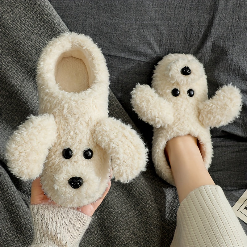 Cute Puppy Plush House Slippers, Cozy & Warm Soft Sole Slip On Fuzzy Shoes, Winter Cartoon Novelty Slippers - KYAAN