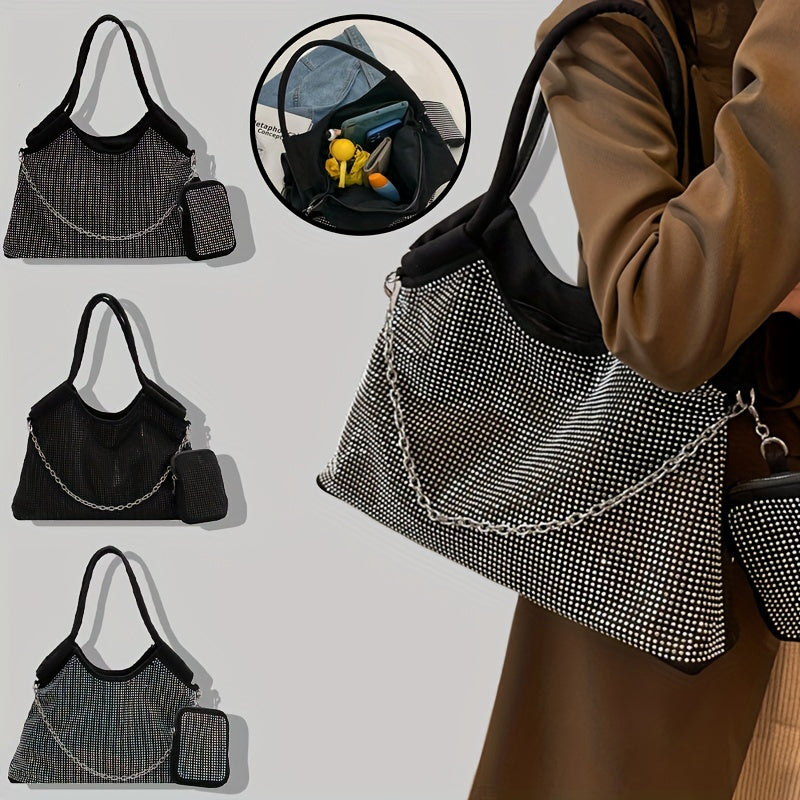 Fashion Rhinestone Tote Bag, Punk Style Chain Decor Shoulder Bag, Women's Shiny Handbag With Mini Coin Purse For Street Wear - KYAAN