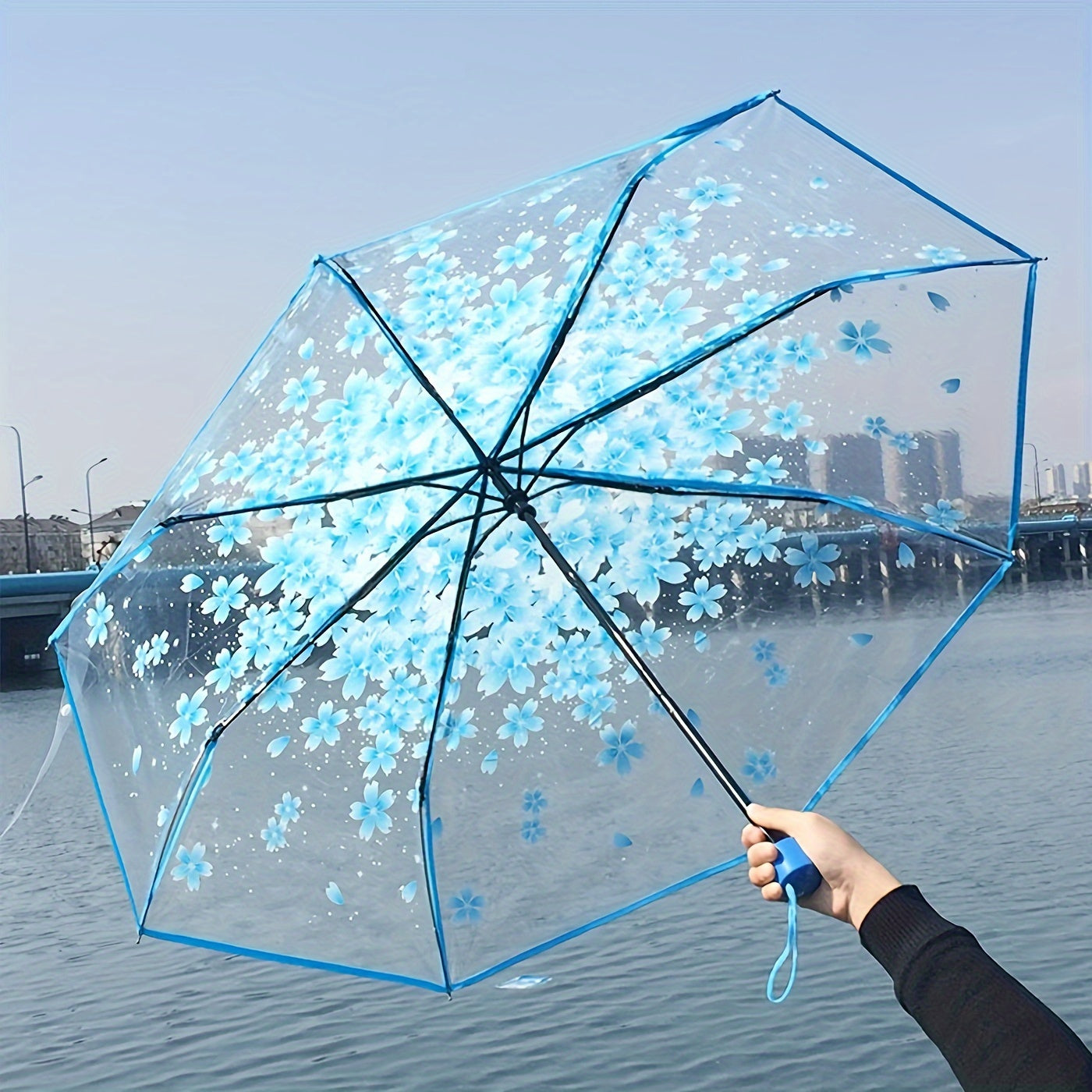 Transparent Cherry Blossom Pattern Folding Umbrella, 8 Ribs Casual Lightweight Portable Rain Gears For Men's & Women's Outdoor Activities - KYAAN