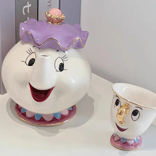 UME Beauty and the Beast Ceramic Teapot Set - 3D Archie & Mrs. Teapot, Polished Metal Finish, Holiday Themed Collection for Christmas, Halloween, Easter, Hanukkah, Thanksgiving - Anime Coffee & Tea Pot Set Gift - KYAAN