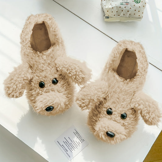 Cute Puppy Plush House Slippers, Cozy & Warm Soft Sole Slip On Fuzzy Shoes, Winter Cartoon Novelty Slippers - KYAAN