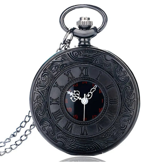 1pc Vintage Style Black Quartz Pocket Watch - KYAAN