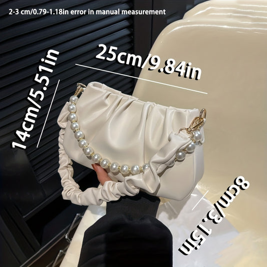 Ruched White Pearl Chain Decor Underarm Bag, Zipper Soft PU Leather Handbag, Solid Color Versatile Shoulder Bag - KYAAN