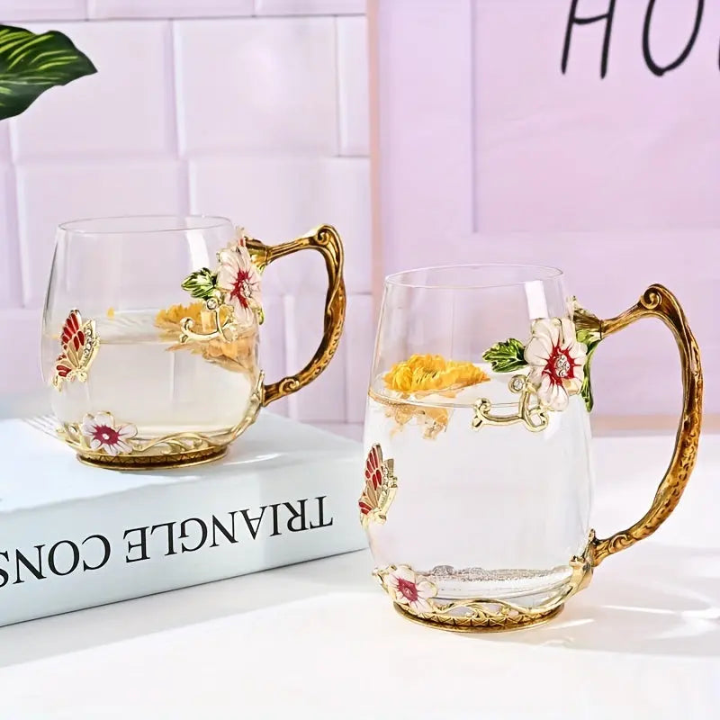 Enamel Floral Glass Tea Cup Set 10.82oz/11.83oz - Reusable Coffee & Juice Mug With Saucer, Perfect For Home, Office, And Gift Giving - Eco-Friendly, Handwash Only - KYAAN