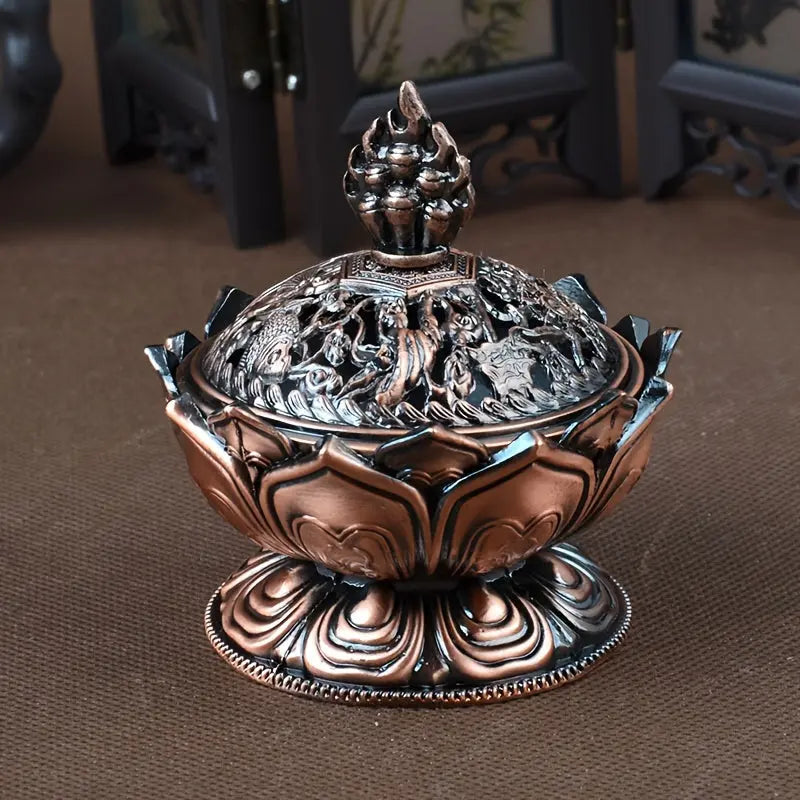 Red Bronze Lotus Incense Burner, Mini Sandalwood Aromatherapy Stove, Suitable For Office, Camping, Garden, Patio, Candlelight Dinner Home Decor - KYAAN