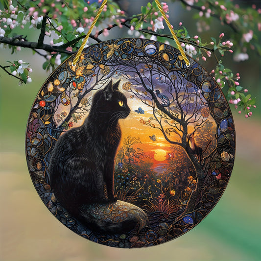 1pc, Black Cat At Sunset Colorful Hanging Round Suncatcher, Acrylic Window Suncatcher Decoration, Gift For Family, Friends, Besties, Dad, Mom, Grandparents, Mother's Day Gift, Cat Lover Gift, Room, Bedroom, Porch, Garage, Living Room Decoration - KYAAN