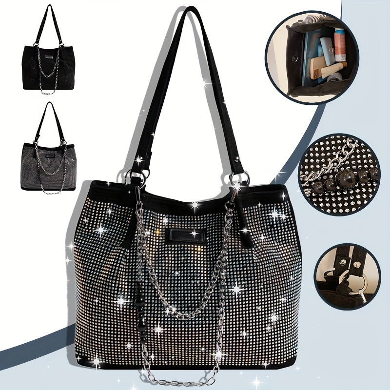 Shiny Rhinestone Shoulder Bag, Trendy Chain Decor Tote Bag, Glitter Bling-Bling Handbag For Women - KYAAN