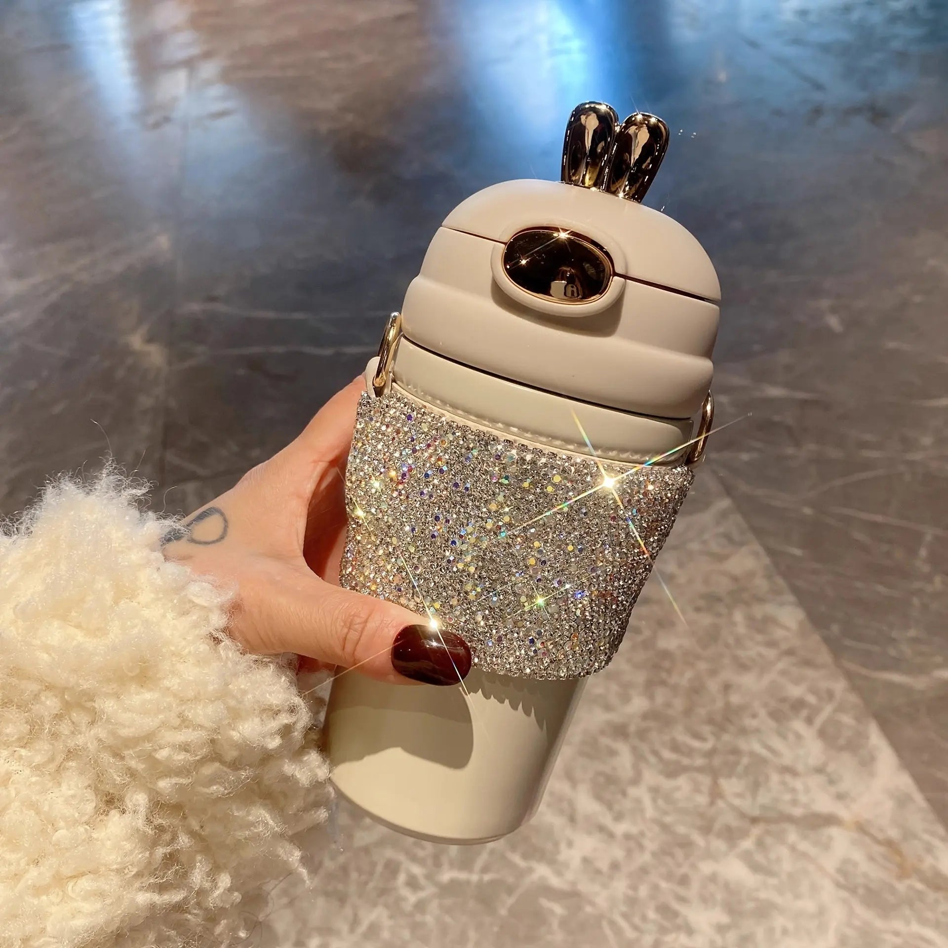 Luxury Stainless Steel Insulated Tumbler with Glittering Rhinestones, Crossbody Portable Travel Cup with Straw - Festive, Reusable Drinkware for Oktoberfest, Christmas, Halloween, Valentine's Day - KYAAN