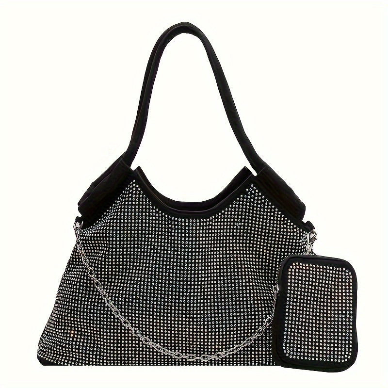 Fashion Rhinestone Tote Bag, Punk Style Chain Decor Shoulder Bag, Women's Shiny Handbag With Mini Coin Purse For Street Wear - KYAAN