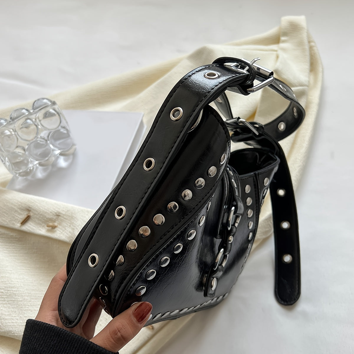 Funky Punk Style Steampunk Shoulder Bag, Gothic Style Y2K Novelty Handbag With Rivets Decor - KYAAN