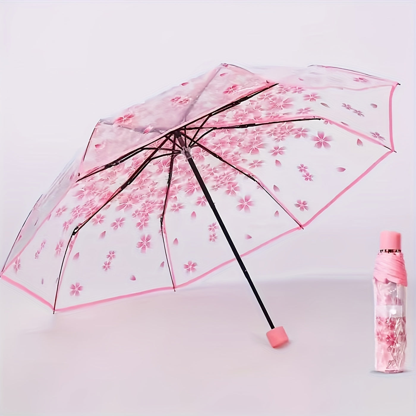 Transparent Cherry Blossom Pattern Folding Umbrella, 8 Ribs Casual Lightweight Portable Rain Gears For Men's & Women's Outdoor Activities - KYAAN