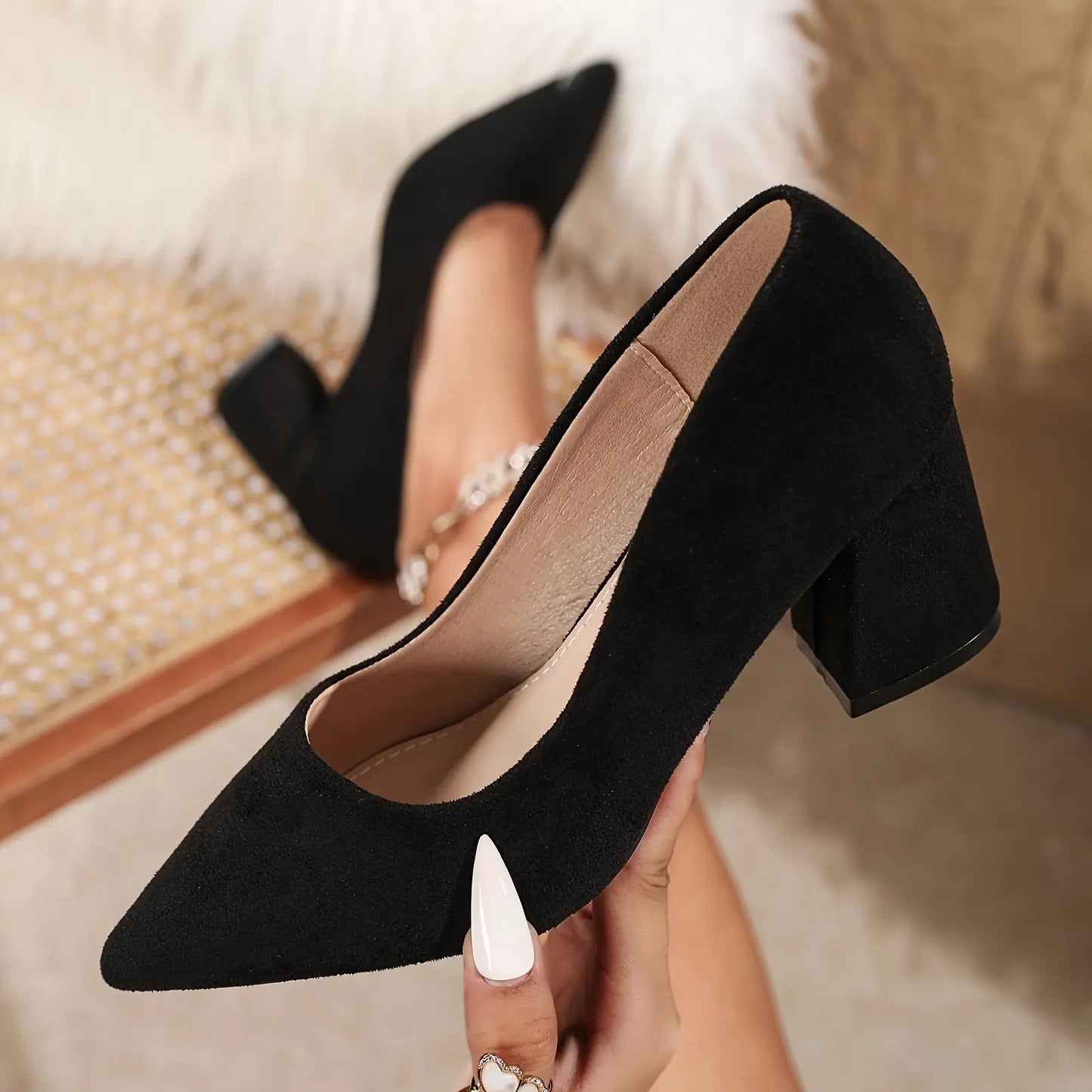 Women's Solid Color Block Heels, Fashion Pointed Toe Dress Pumps, Stylish Slip On Heels - KYAAN