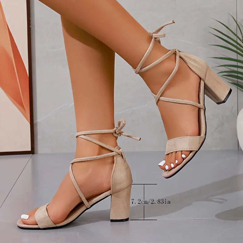 Women's Solid Color Block Heeled Sandals, Fashion Open Toe Dress Pumps, Stylish Lace Up Heels - KYAAN