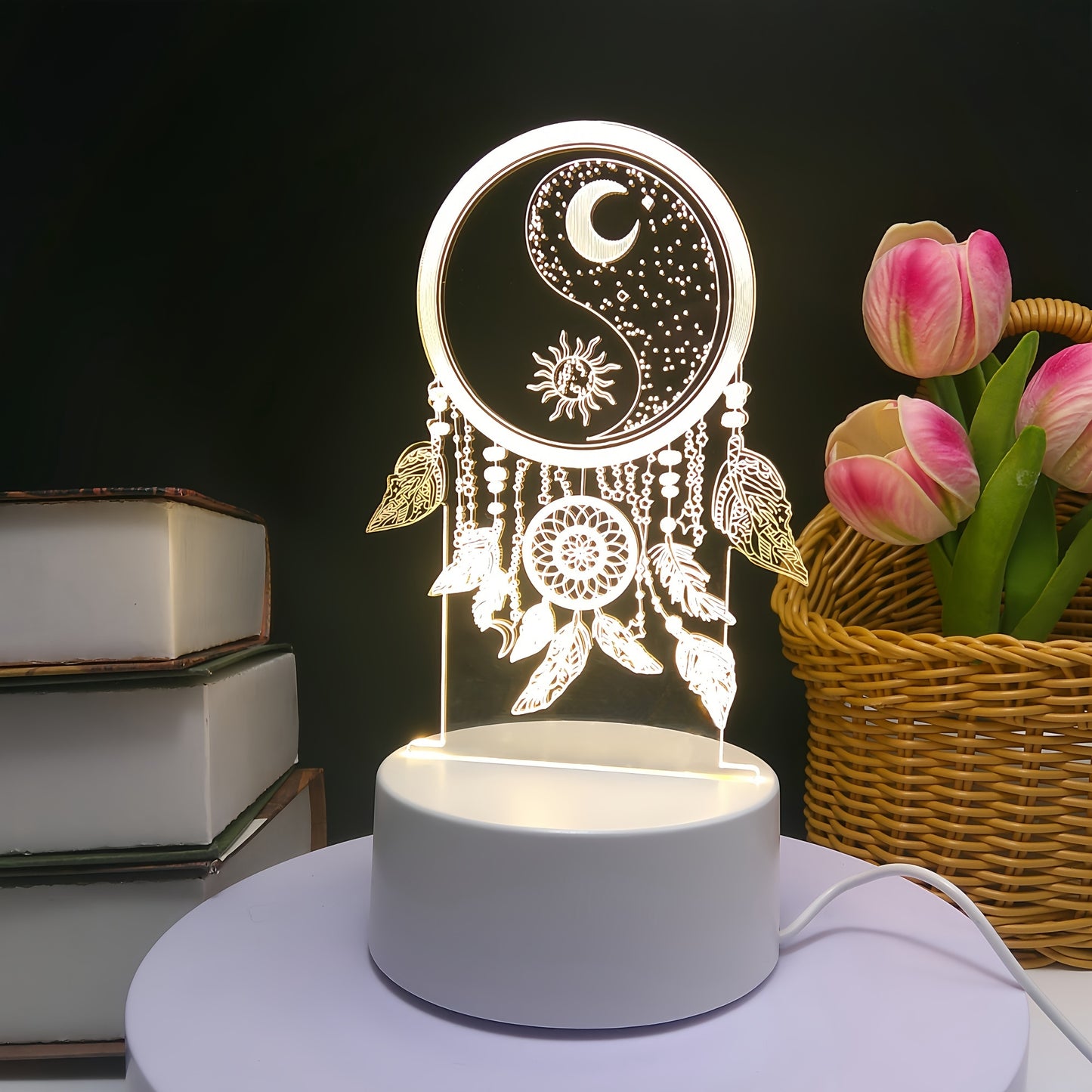 Dreamcatcher 3D Night Light - Warm Monochrome LED with Switch, USB Powered, Perfect Home Decor Gift - KYAAN