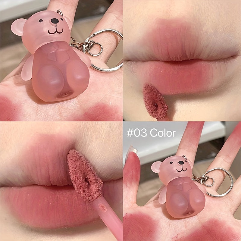 Cute Bear Velvet Lip Clay Matte Lip Glaze, Silky Low Saturation Lip Color With Keychain For Easy Carrying - KYAAN