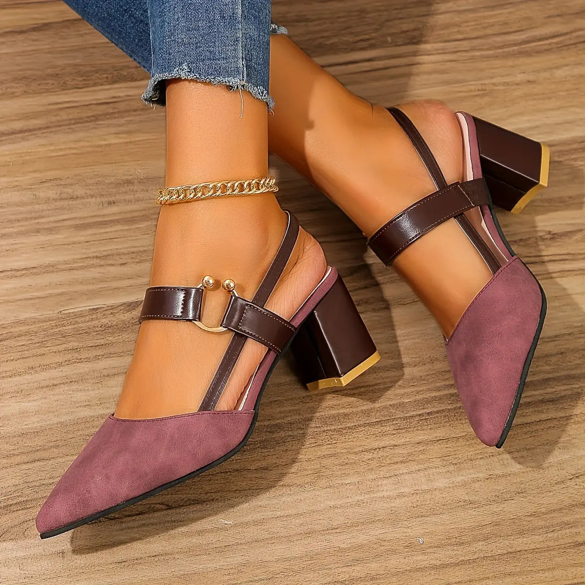 Women's Pointed Toe Block High Heel Sandals, Fashion Solid Color Slingback Shoes, Versatile Mid Heels - KYAAN