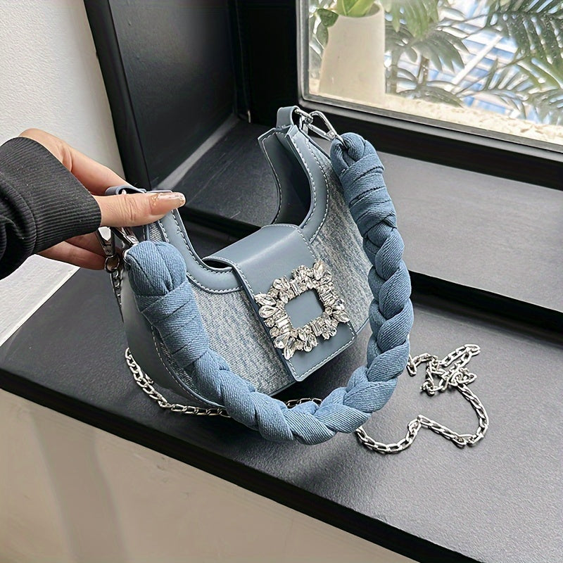 Trendy Denim Shoulder Bag, Y2K Rhinestone Buckle Crescent Bag, Women's Handbag With Braided Handle - KYAAN