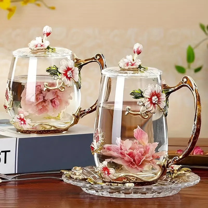 Enamel Floral Glass Tea Cup Set 10.82oz/11.83oz - Reusable Coffee & Juice Mug With Saucer, Perfect For Home, Office, And Gift Giving - Eco-Friendly, Handwash Only - KYAAN