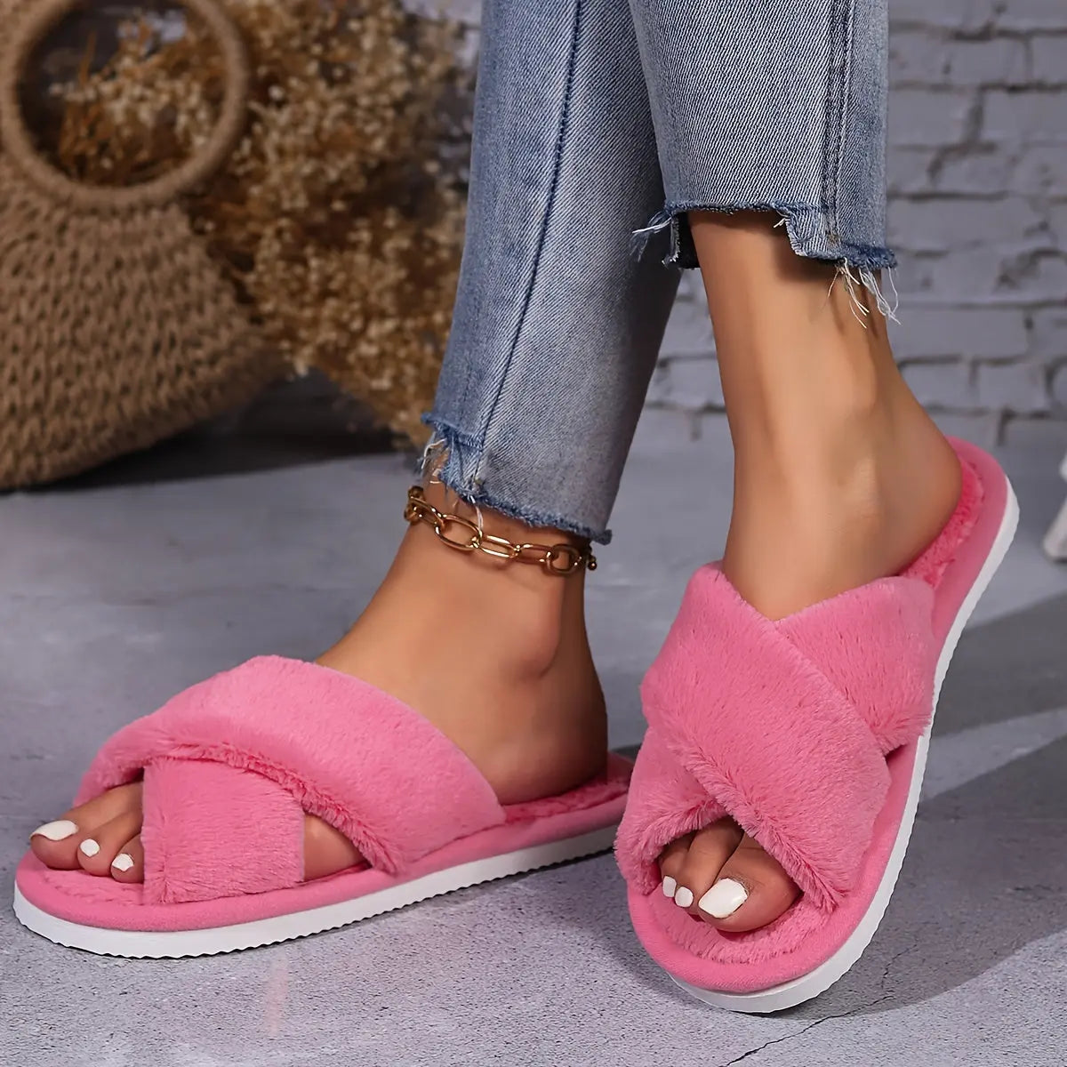 Trendy Plush Slippers, Casual Open Toe Slip On Shoes, Comfortable Indoor Home Slippers - KYAAN