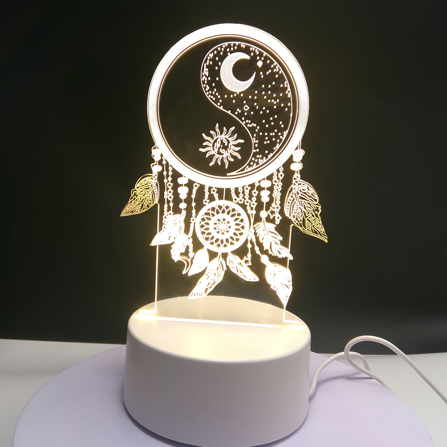 Dreamcatcher 3D Night Light - Warm Monochrome LED with Switch, USB Powered, Perfect Home Decor Gift - KYAAN