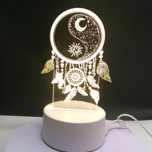 Dreamcatcher 3D Night Light - Warm Monochrome LED with Switch, USB Powered, Perfect Home Decor Gift - KYAAN