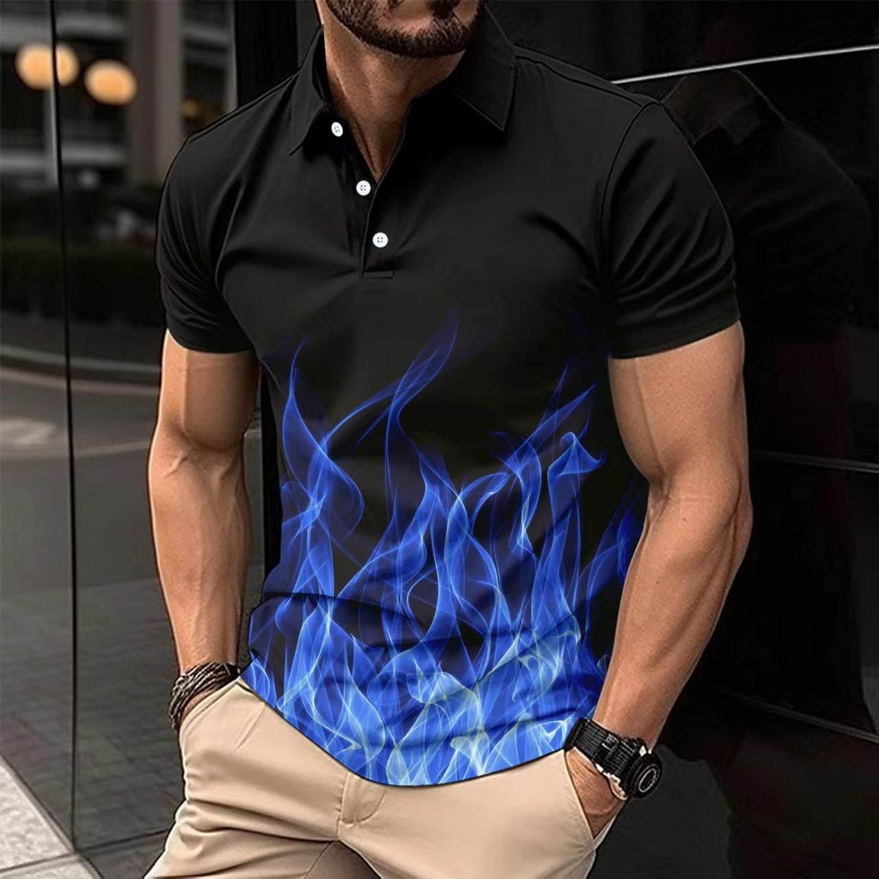 Button Flame Gradient Color Short Sleeve - KYAAN