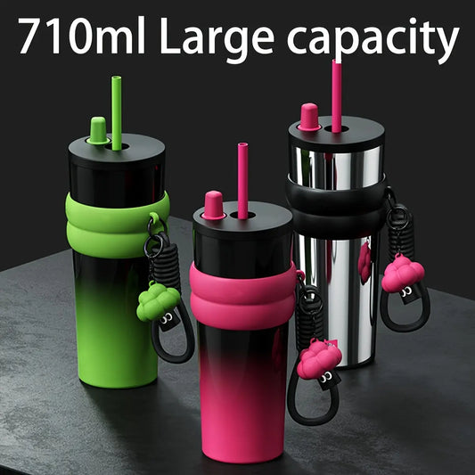 1pc 24oz Tumbler With Straw And Lid For Coffee, Water, Iced Tea Or Smoothie, Reusable Stainless Steel Water Bottle, Travel Mug Cup, Outdoor Camping Vacuum Cup, Perfect Gifts, 710ml - KYAAN