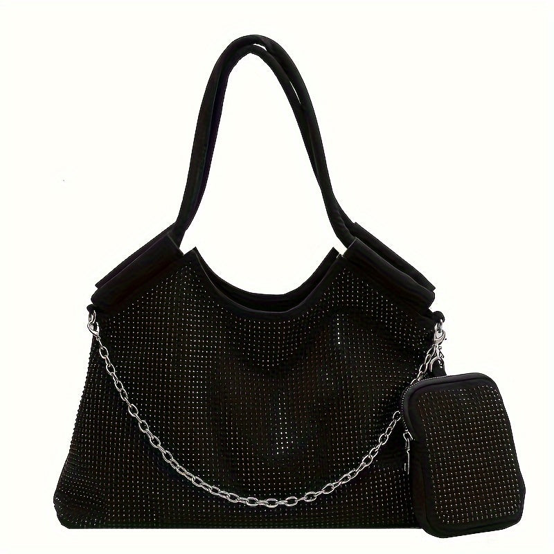 Fashion Rhinestone Tote Bag, Punk Style Chain Decor Shoulder Bag, Women's Shiny Handbag With Mini Coin Purse For Street Wear - KYAAN