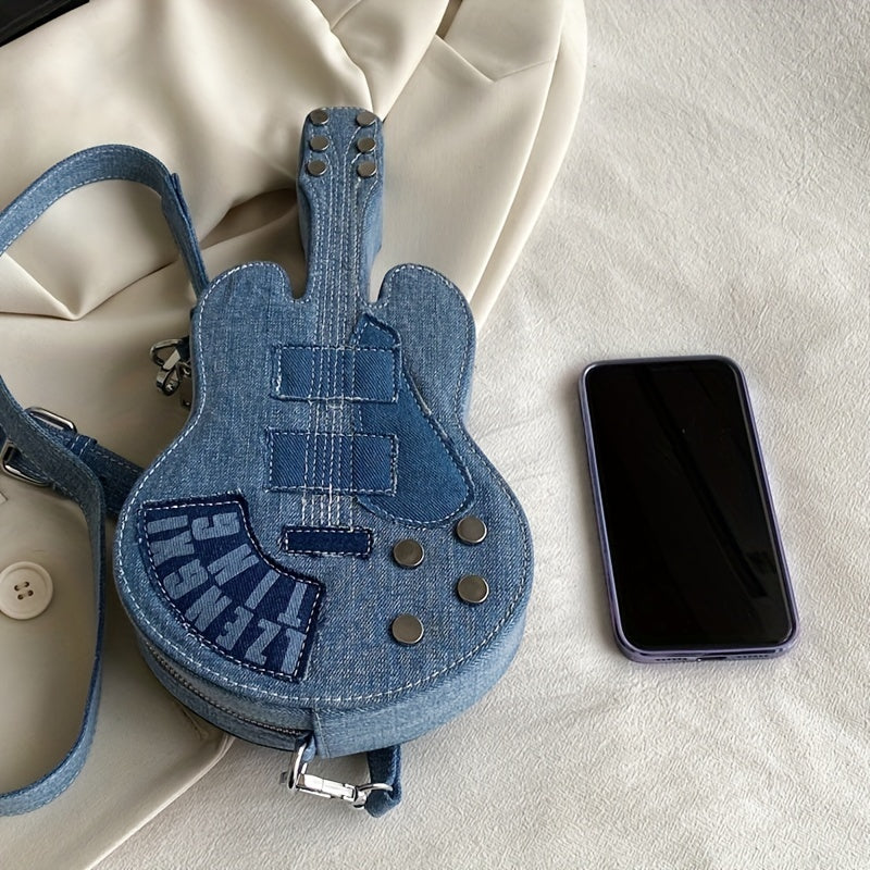 Y2K Guitar Shaped Denim Bag, Vintage Crossbody Bag, Trendy Novelty Purse - KYAAN