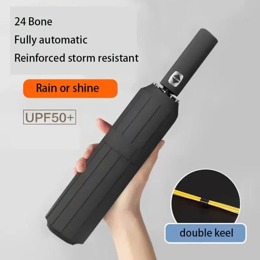 Unisex Automatic Umbrella With 24 Reinforced Ribs, Foldable, Portable, Durable Anti-UV Sunscreen Umbrella For Sunny & Rainy Day - KYAAN