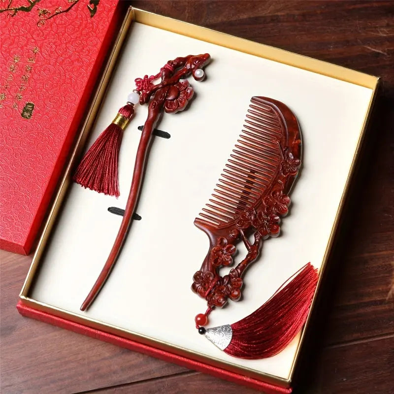 Elegant Redwood Comb Set With Small Leaf Sandalwood - Handcrafted Art & Craft - KYAAN