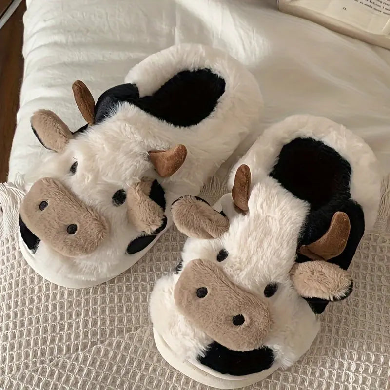 Cute Cow Design Slippers, Casual Slip On Plush Lined Shoes, Comfortable Indoor Home Slippers - KYAAN