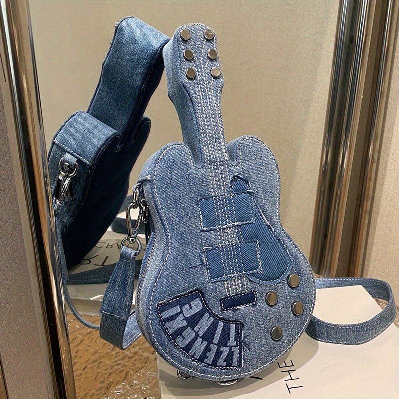 Y2K Guitar Shaped Denim Bag, Vintage Crossbody Bag, Trendy Novelty Purse - KYAAN