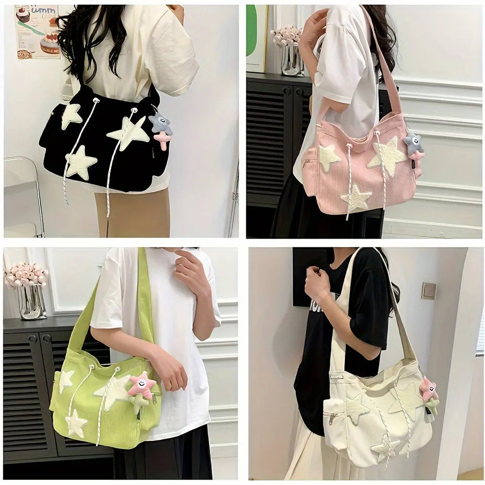 Women's Star Pattern Tote Tramp Bag, Cute Large Capacity Shoulder Bag, Casual Star Drawstring Design Crossbody Bag, Suitable For Women's School, Travel, Daily Use Of The Bag, Gift Little Star Pendant - KYAAN