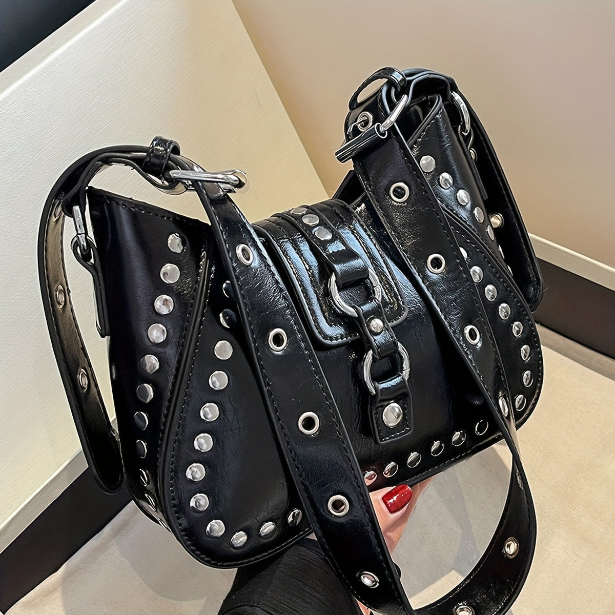 Funky Punk Style Steampunk Shoulder Bag, Gothic Style Y2K Novelty Handbag With Rivets Decor - KYAAN