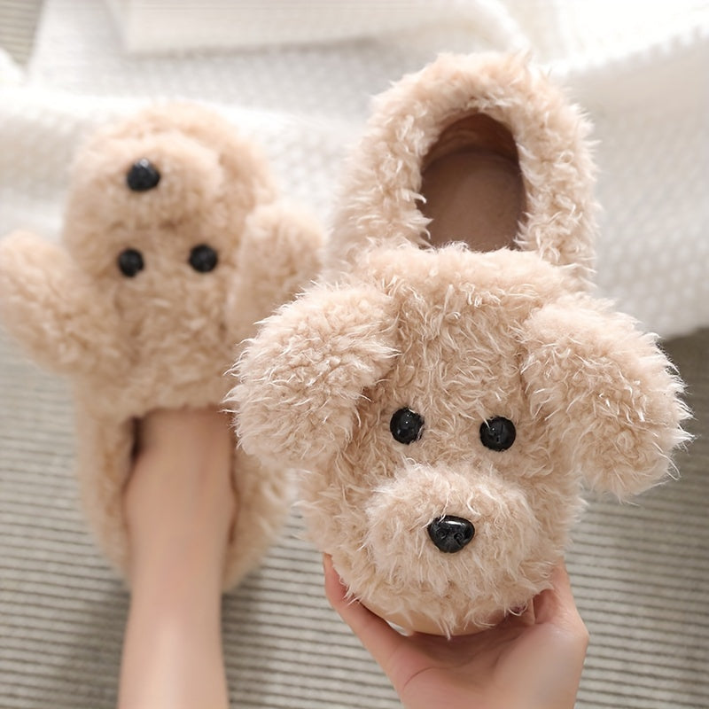 Cute Puppy Plush House Slippers, Cozy & Warm Soft Sole Slip On Fuzzy Shoes, Winter Cartoon Novelty Slippers - KYAAN